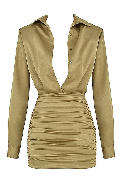 VALENTE® | OLIJFKLEURIGE SATIJNEN  OVERHEMDJURK