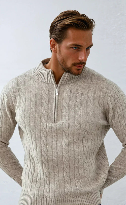 Gebreide Kabel Zip Sweater - Beige