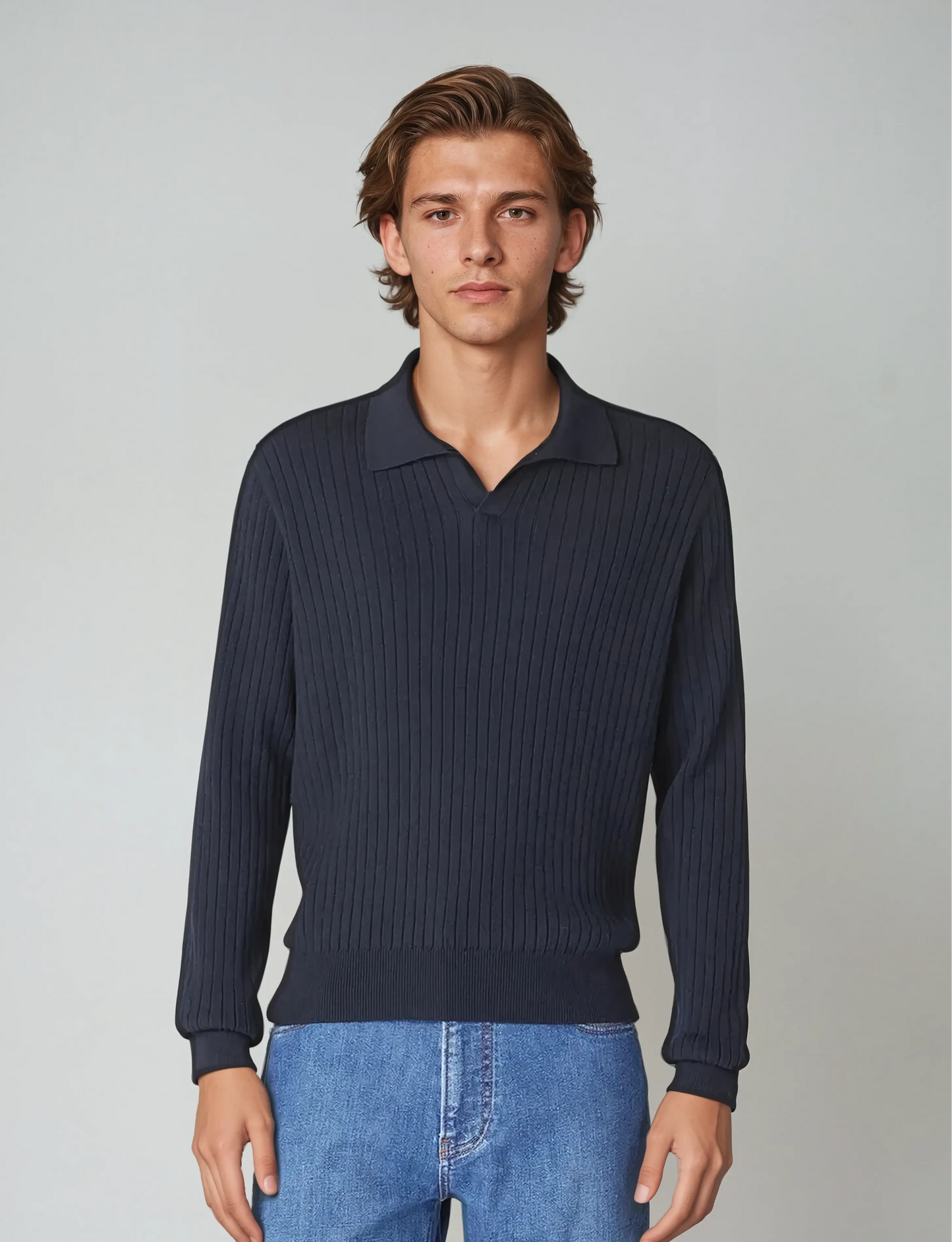 Gestreepte Polo Met Lange Mouwen - Marineblauw