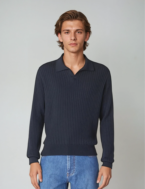 Gestreepte Polo Met Lange Mouwen - Marineblauw