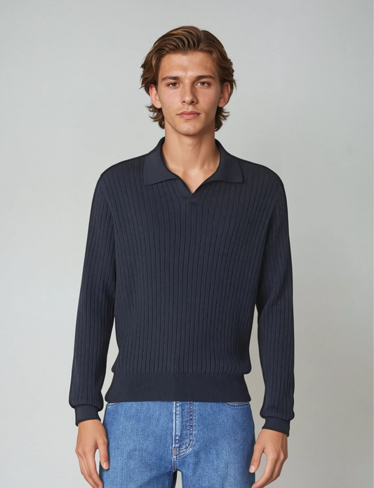 Gestreepte Polo Met Lange Mouwen - Marineblauw