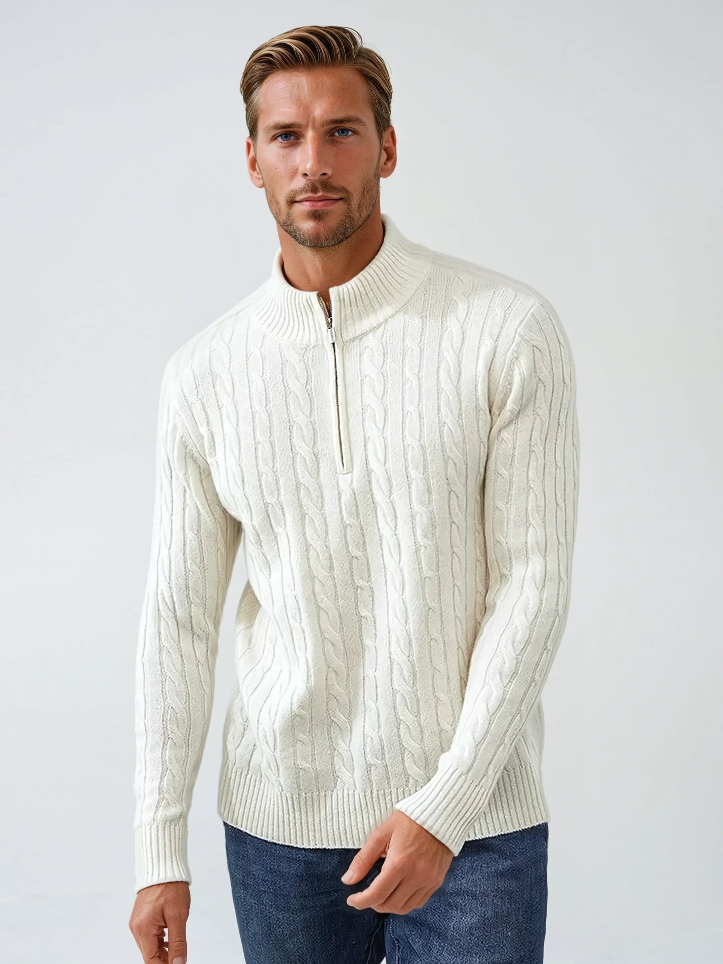 Gebreide Kabel Zip Sweater - Wit