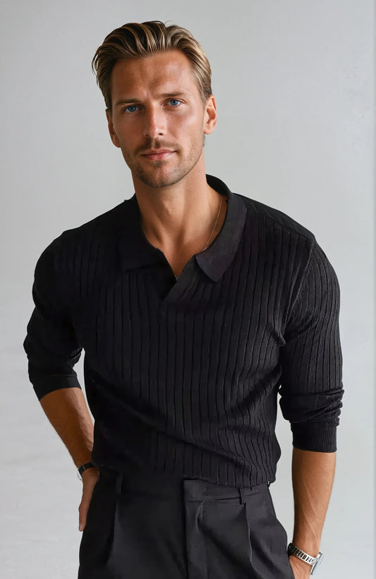 Gestreepte Polo Met Lange Mouwen - Zwart